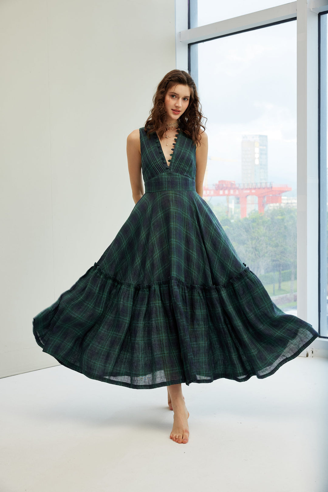 Moon River 24 | V-neck pintucked linen dress gown