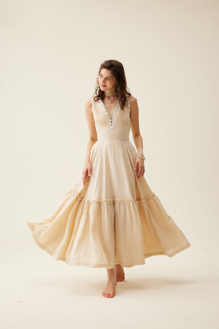 Moon River 24 | V-neck pintucked linen dress gown
