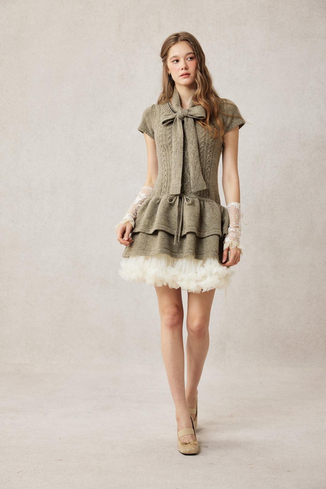 Lilypond 13 | 100% Wool Cable Knit Tiered Dress with scarf