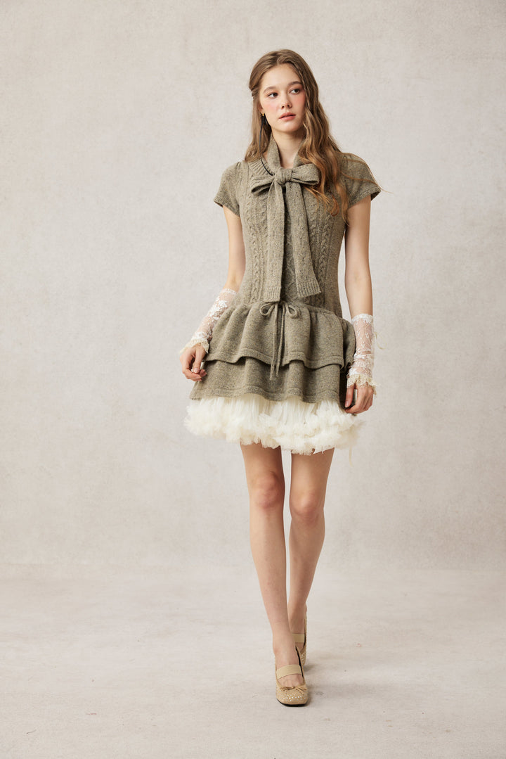 Lilypond 13 | 100% Wool Cable Knit Tiered Dress with scarf
