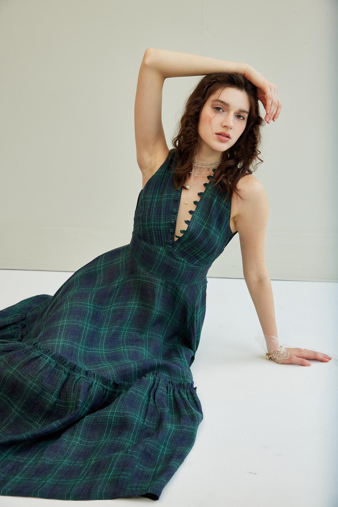 Moon River 24 | V-neck pintucked linen dress gown